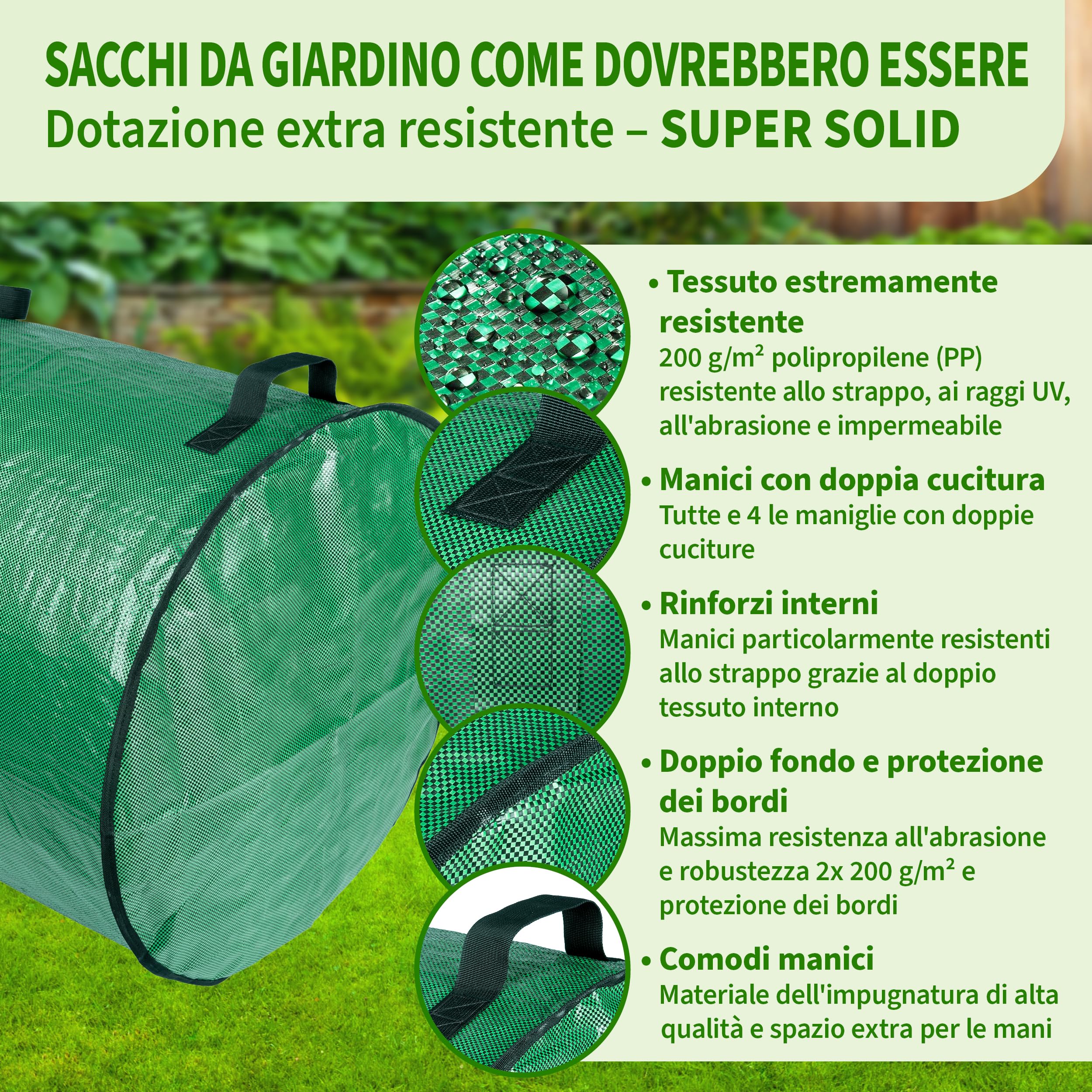 TTL Garden 2 sacchi da giardino Super Solid, 272 l, colore verde, doppio fondo, 2 x 200 g/m², extra stabili e antistrappo, 4 manici, grandi e robusti, set da 2 sacchi per foglie, siepe, rifiuti da