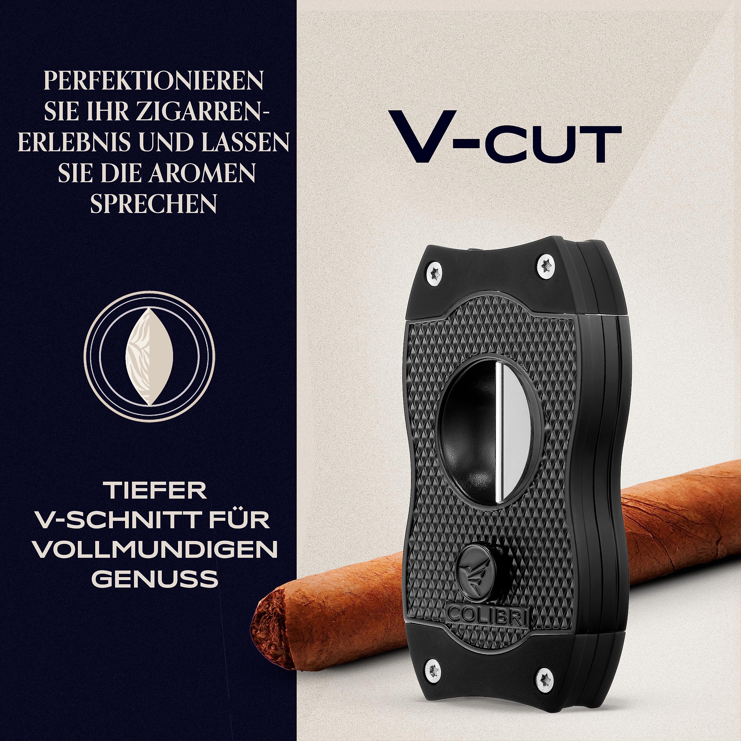 Colibri V-Cut Zigarrenschneider - Diamanten-Muster - Tiefer 7mm V-Schnitt - Bis zu 60+ Ringmaß Zigarren - Ergonomisches Design - Federbelasteter Auslösemechanismus - Inklusive Geschenkbox