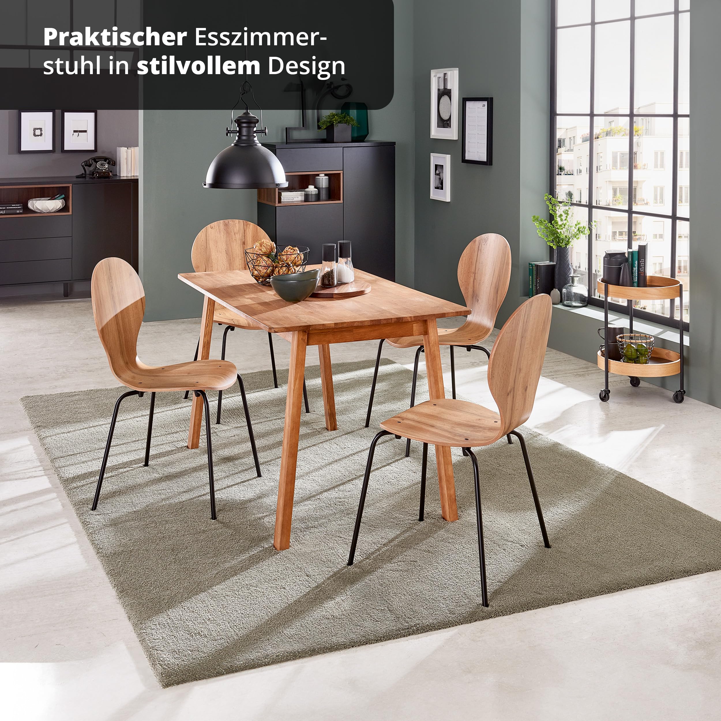 KHG 6er Set Stapelstühle Esszimmerstuhl Stuhl aus Schichtholz mit Eiche-Dekor - Sitzhöhe 45 cm, Stuhlbeine aus Metall - stapelbar für Esszimmer Gastronomie Büro