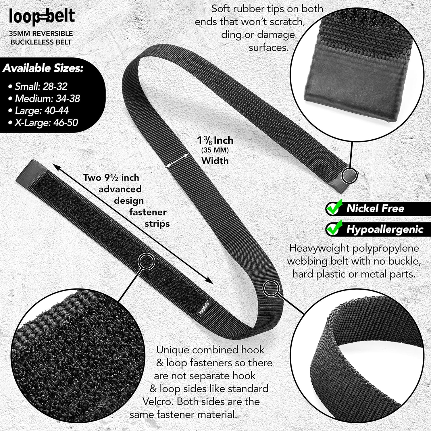 Black No-Scratch Web Belt with Rubber Coated Tips and Advanced Hook & Loop Fasteners - Image 3