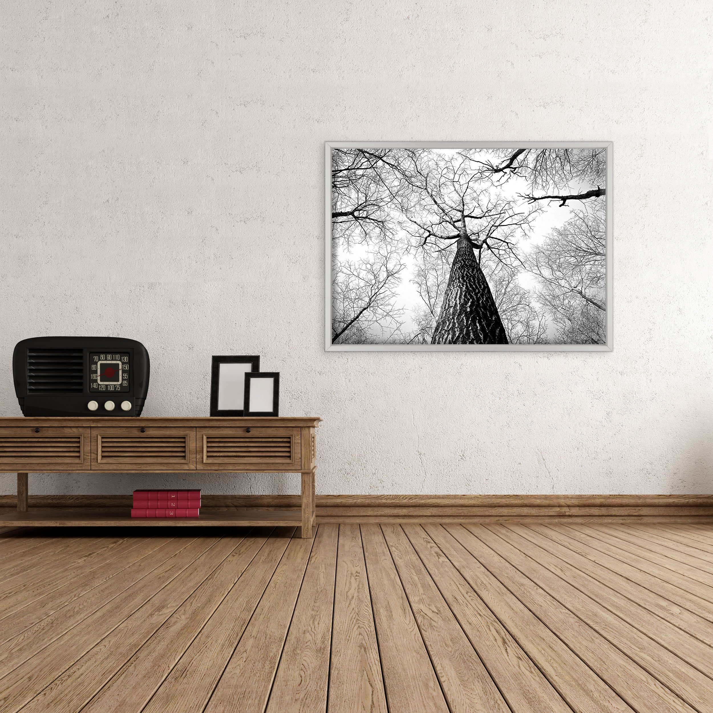 Quadro su Tela Canvas INTELAIATO - con Cornice - Alberi Foresta Bianco e Nero - Paesaggio Natura Panorama - 50x70cm - Stile Moderno Bianco - (cod.4356)