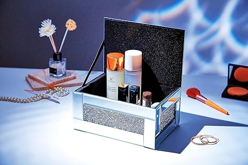 Miniatura 3 de BANQLE Joyero para reloj, organizador de maquillaje con espejo para tocador, caja de tocador de cristal, diamante triturado plateado