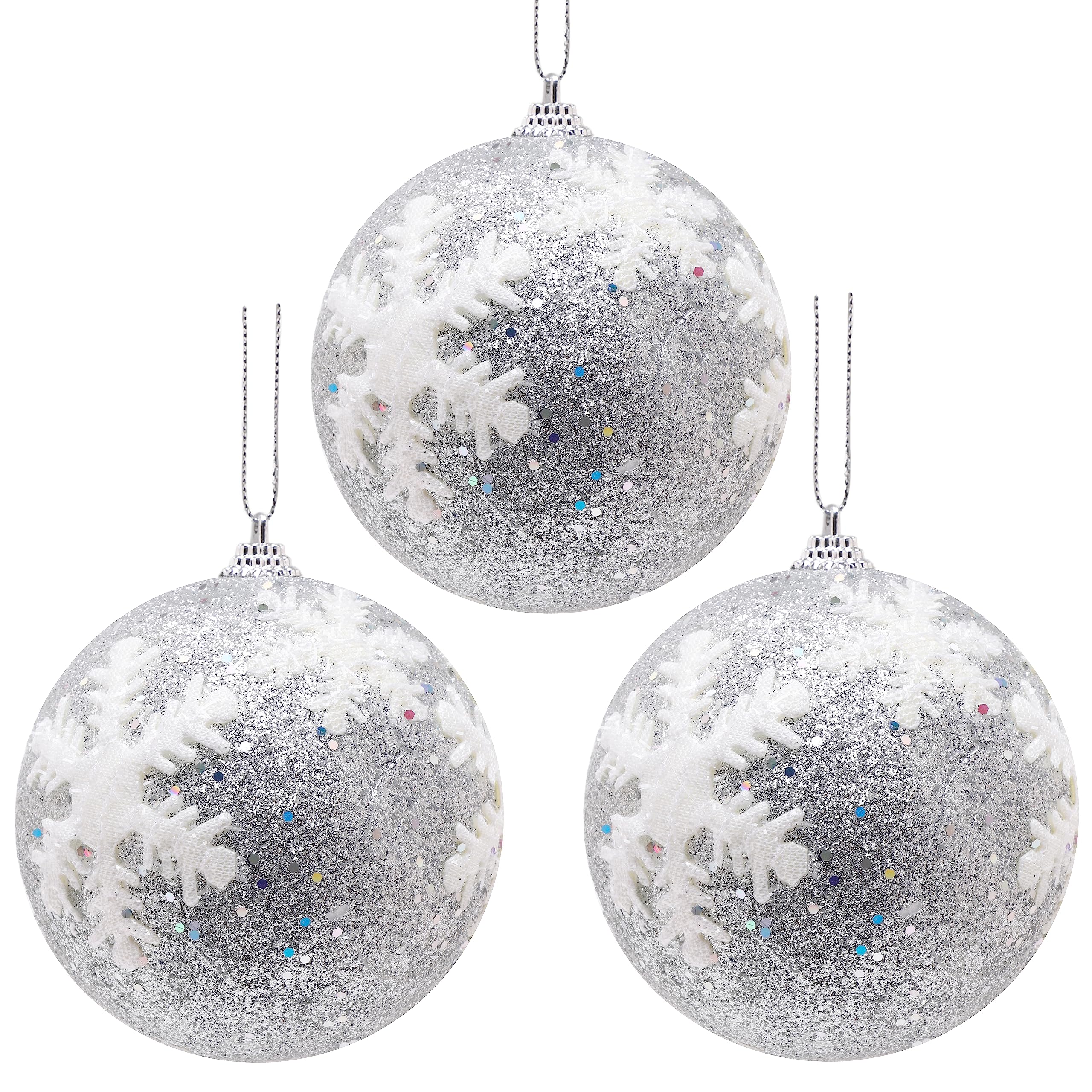 Toyland Silver/White Toyland® Pack Of 3-100Mm Glitter Baubles With Snowflakes - Christmas Tree Decorations - Luxury Festive Ornament