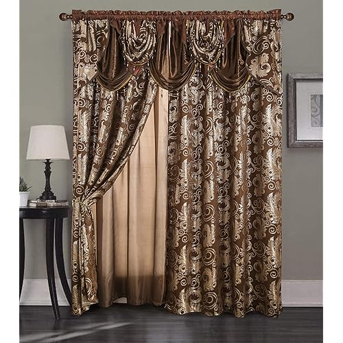 Golden Rugs Jacquard Luxury Curtain Window Panel Set Curtain with Attached Valance and Backing Bedroom Living Room Dining 110"X84" Each Jana Collection (Brown)