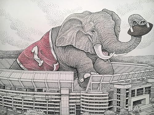 Alabama football stadium with elephant 11"x17" pen and ink print from hand-drawn original