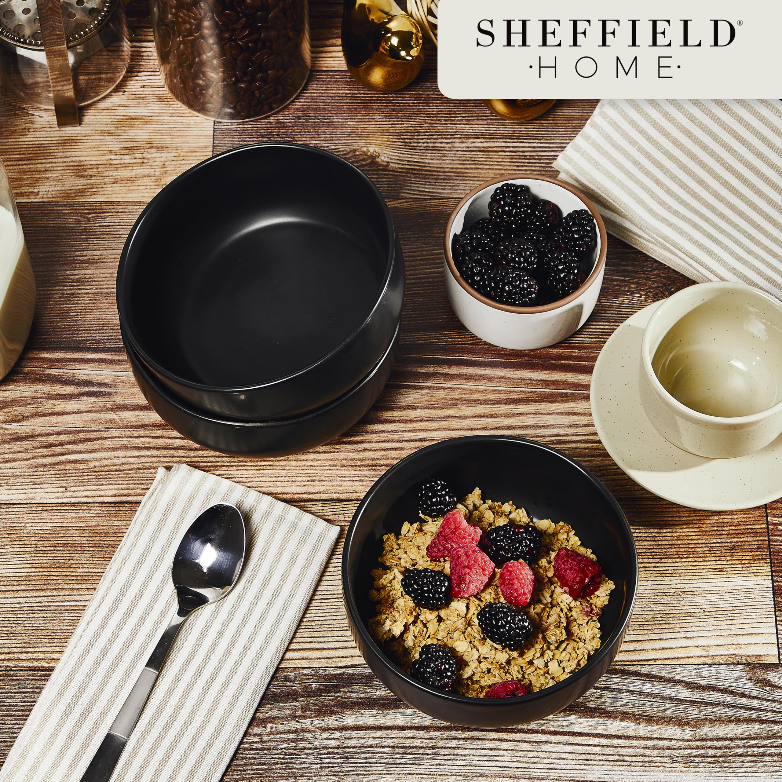 Sheffield Home Cuencos para cereales, juego de 6, 28 onzas, aptos para lavavajillas y microondas, elegantes y funcionales cuencos de desayuno para uso diario, color negro