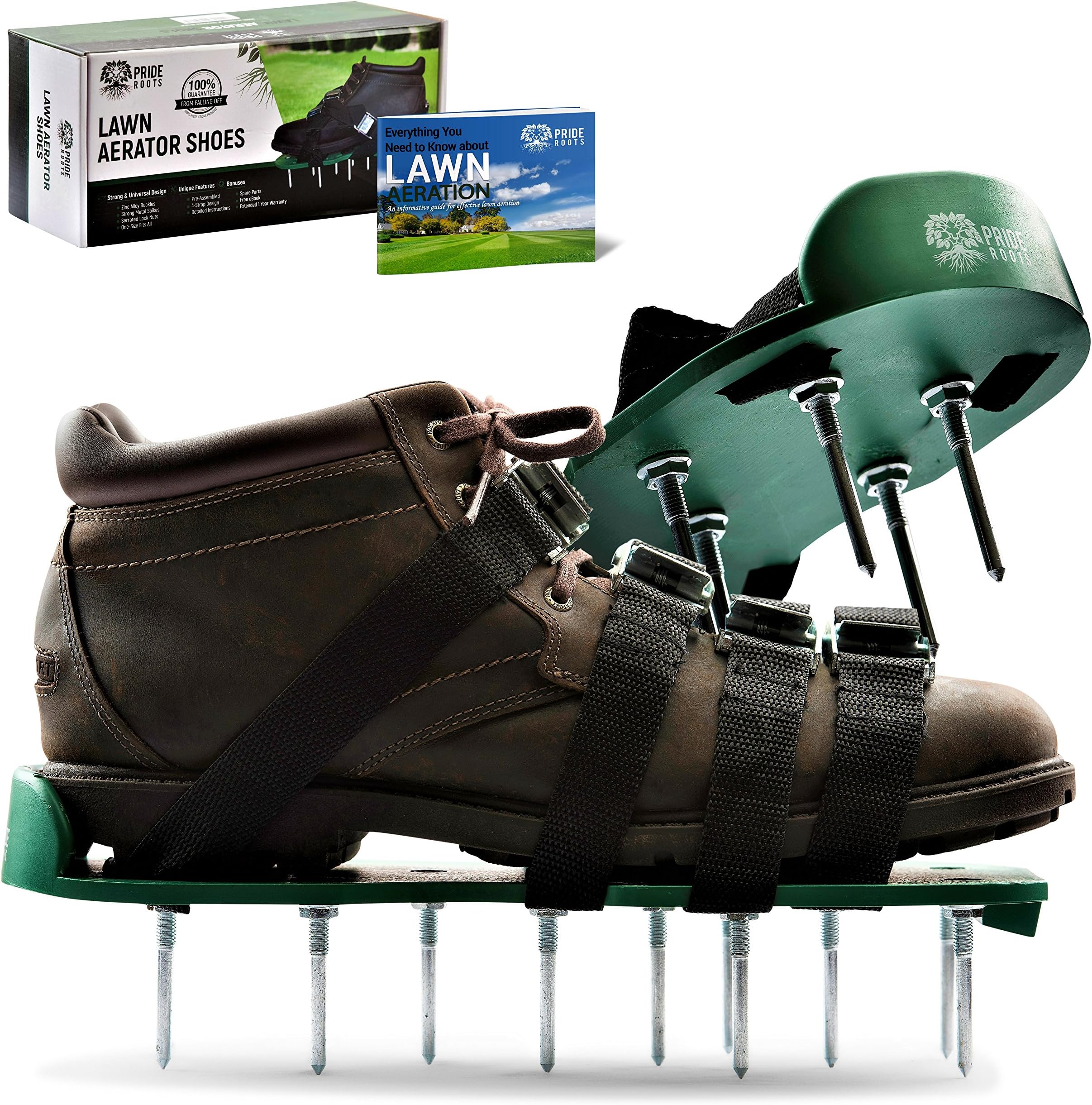Pride Roots Pre-Assembled Lawn Aerator Shoes - Effective Tool for Aerating Yard Soil | Premier 2.2" Spike Sandals w/ 4 Metal Buckle Straps | Includes Lawn Aeration eBook | 1 Size Fits All