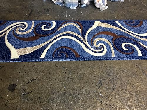 Miniatura 8 de Americana Alfombra moderna de pasillo largo con diseño de remolino azul y marrón, 144 (32 pulgadas x 10 pies)