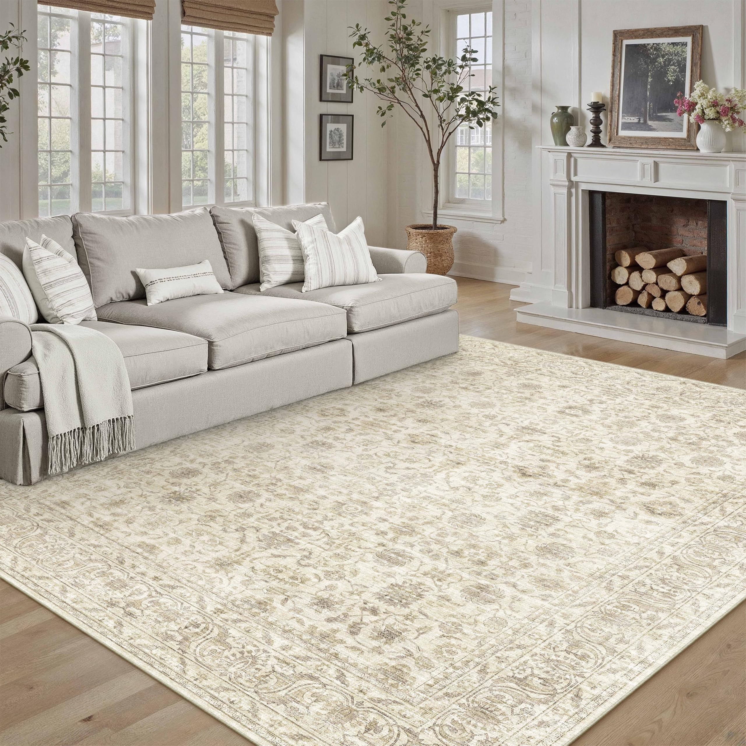 PureCozy Vintage Beige Alfombra Salon 200x300cm Habitacion Carpet Lavables en Lavadora Antideslizante Grande Alfombras Sala Dormitorio Cocina Comedor Carpets Pelo Corto Rug | Alfombra retro, lavable, antideslizante, suave pelo corto, para dormitorio, come