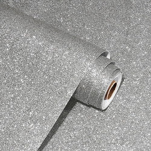 Miniatura 1 de WESTICK Papel tapiz adhesivo gris con purpurina para dormitorio, papel tapiz autoadhesivo con lentejuelas grises para dormitorio, papel tapiz de
