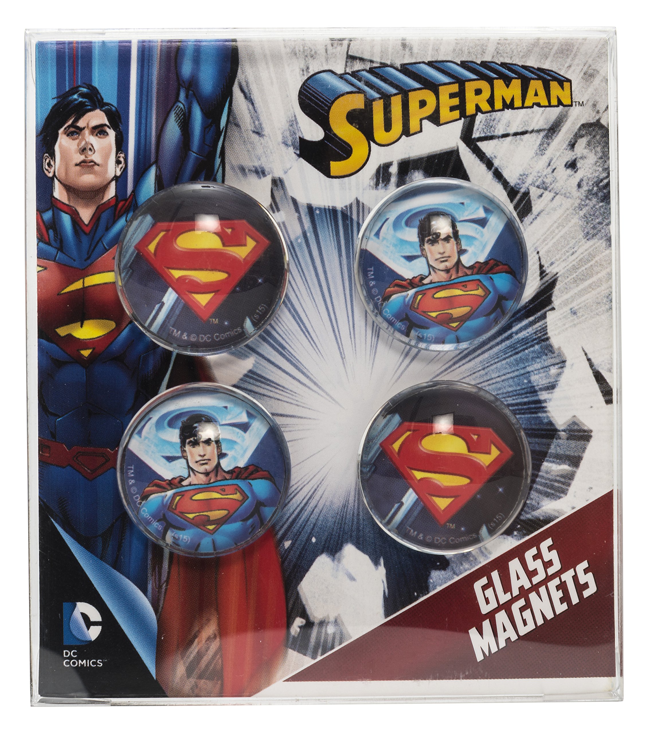 Joy Toy 301013 Superman 2,5 cm ze szkła, 4-częściowy w opakowaniu na prezent, 1 x magnes 8,5 x 9,5 cm