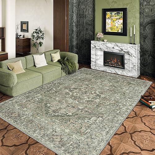 Valenrug Alfombra lavable de 6 x 9 pies, colección verde, alfombra antideslizante y resistente a las manchas para sala de estar, dormitorio antiguo Valenrug Alfombra lavable de 6 x 9 pies, colección verde, alfombra antideslizante y resistente a las manchas para sala de estar, dormitorio antiguo