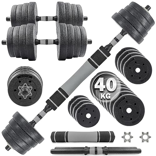 C.P. Sports 2in1 Kurzhantel & Langhantel Set 30kg / 40kg | Hantelscheiben – Gewichte – Hantelstangen | verstellbare Hanteln – Hantelset für Krafttraining, Fitness, Home Gym - silber-schwarz – 40kg Set