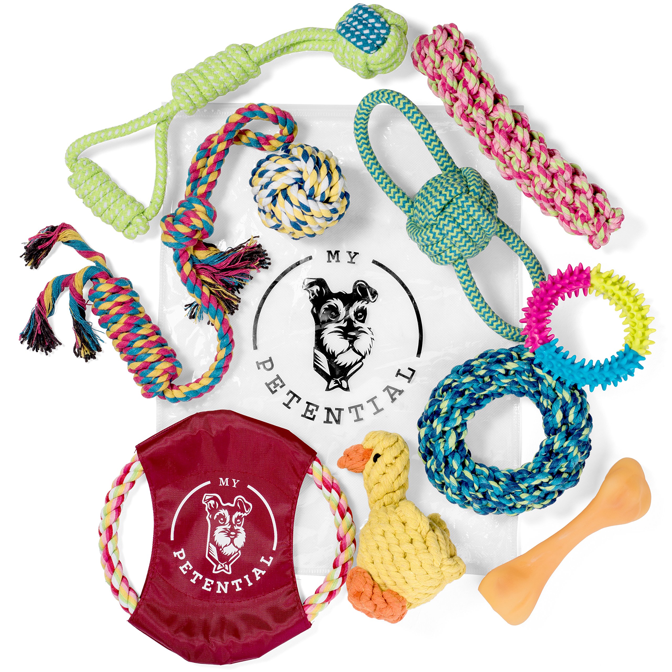 Dog Toy Gift Set (10 Pack) - Fun Rope, Rubber and Squeaky Pet Toy - Interactive Chew Toys for Happy Dogs - Good for Teething, Tug of War and Keeps Them Busy