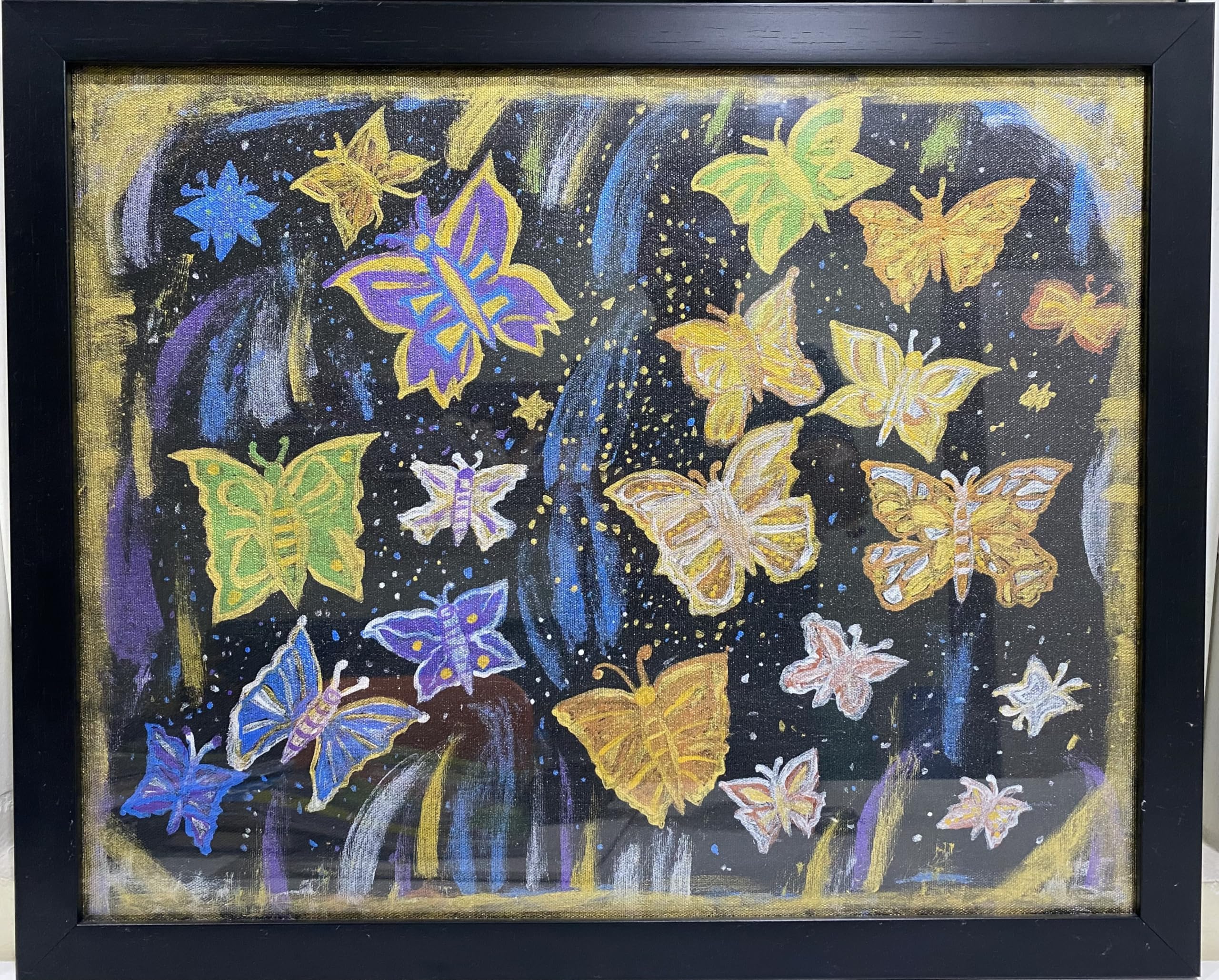 Butterfly Art Wall Decor, Colorful Night Sky Canvas Painting, Black Frame