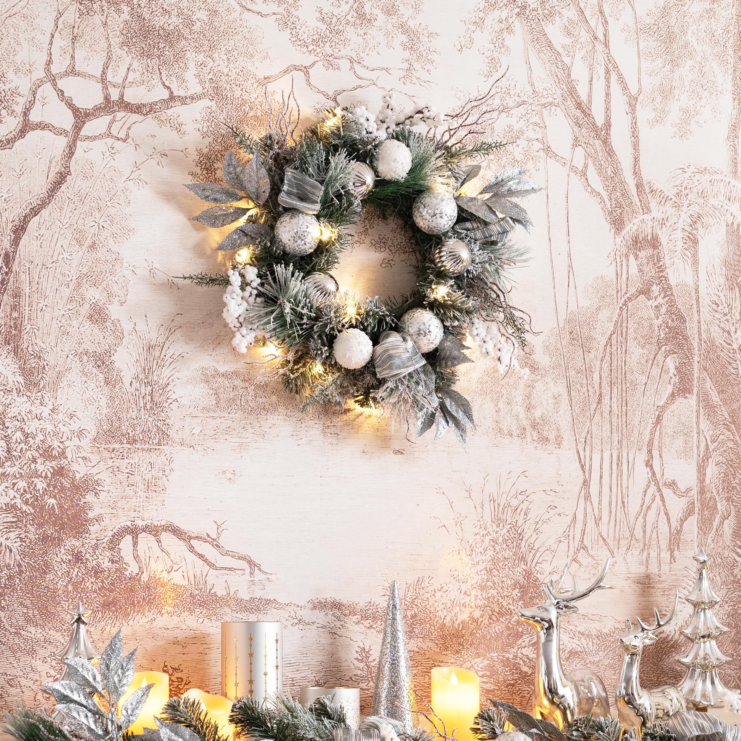 Couronne de Noël Lumineuse Artificielle 52 cm avec 15 Lumières LED Blanche pour Porte d'Entrée