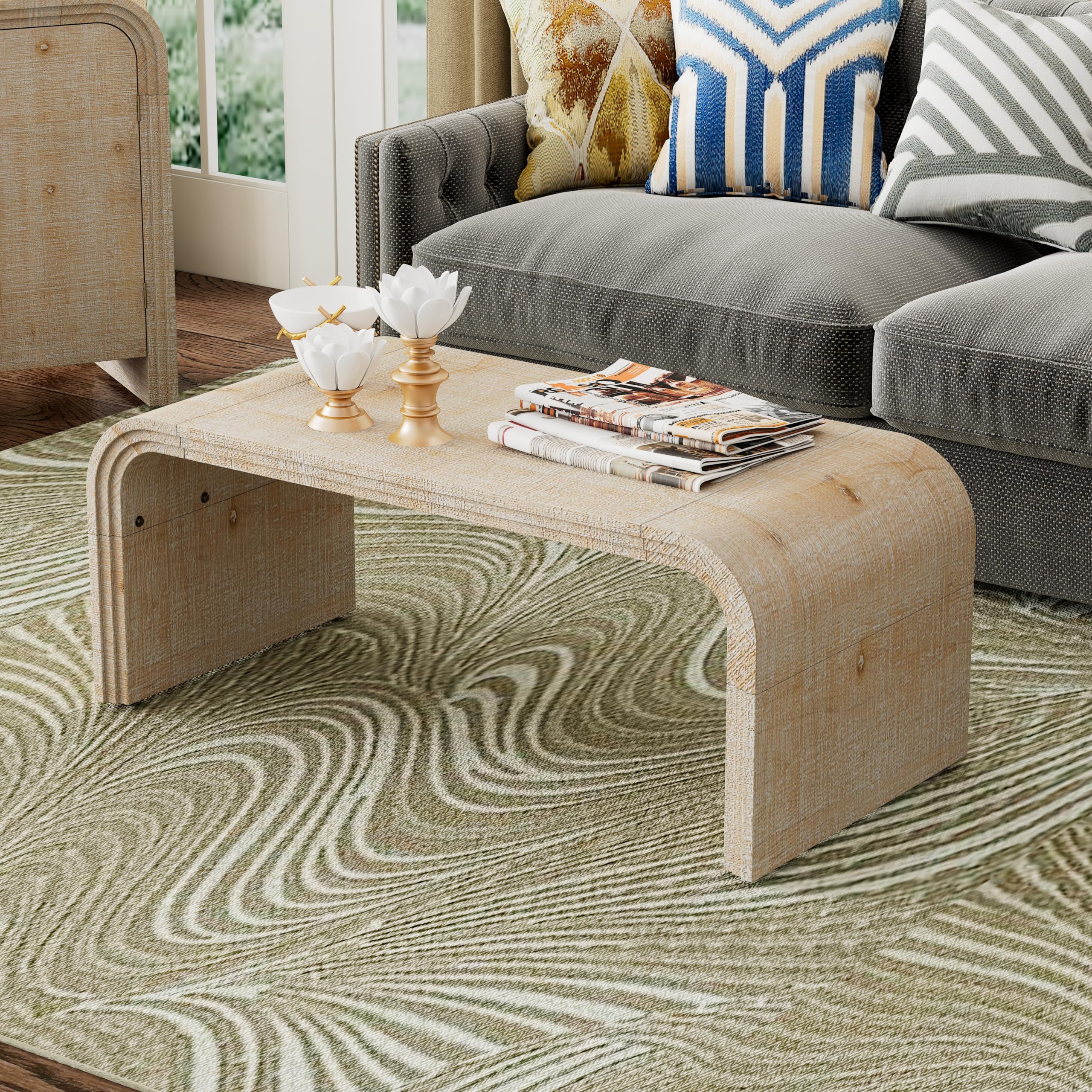 Minimalist Coffee Table with Curved Art Deco Design for Living Dining Room, Natural Wood Wash