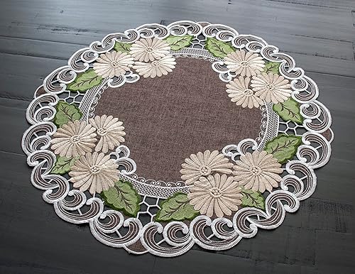 Miniatura 6 de Margarita dorada bordada con hojas verdes sobre marrón, redondo Doily, centro de mesa (33 pulgadas redonda)