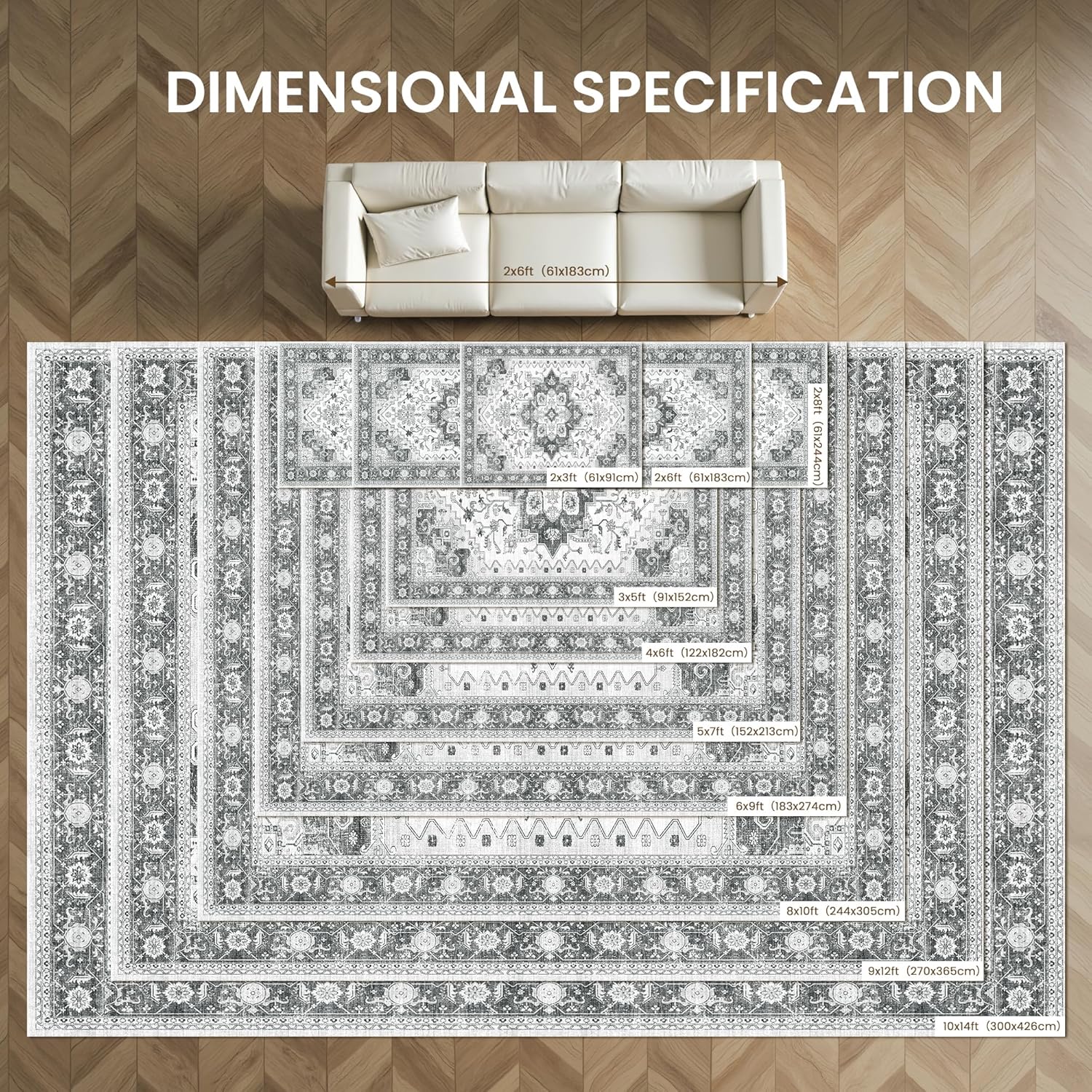 Washable Area Rug 8x10, Area Rugs Stain Resistant Neutral Washable Rugs for Living Rooms Bedroom Vintage Non-Slip Thin Large Size Area Rug?Grey? Grey 8' x 10' (Rectangular)