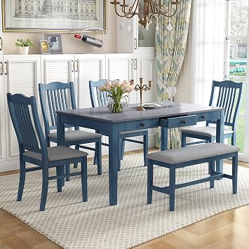 6-Piece Dining Table Set with 4 Upholstered Dining Chairs and Bench,Wood Rectangular Dining Table with Drawer. Antique Blue#S