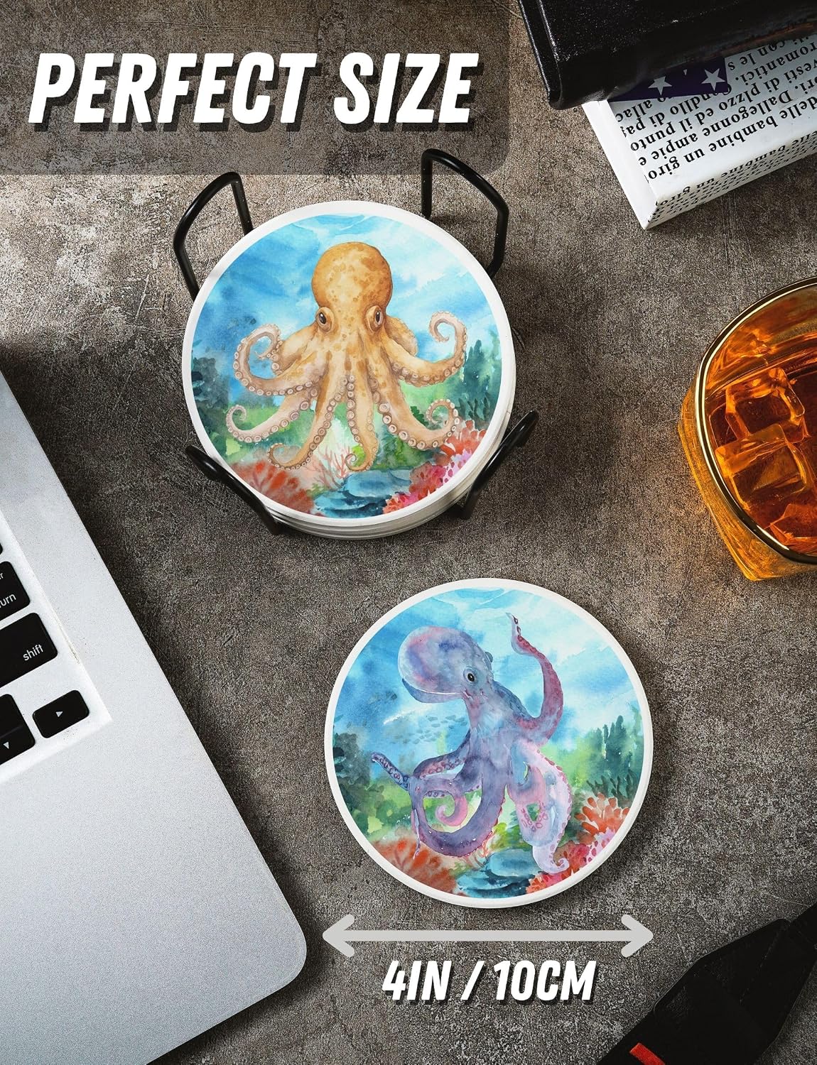 Onebttl Octopus Decor, Octopus Gifts Coaster, Ceramic, Set of 6, with Gift Box, Absorbent with Cork Base, Gifts for Octopus Lovers, Home Decor for Housewarming, Thanksgiving, Birthday, Christmas