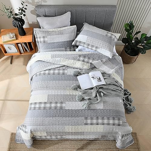 Miniatura 7 de Juego de edredón tamaño Queen 100% algodón, tamaño Queen, diseño de retazos a cuadros, reversible, colcha acolchada ligera para cama Queen, 3