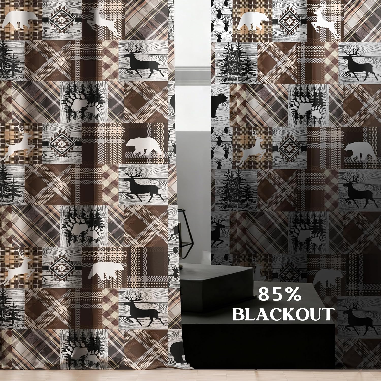 Rustic Cabin Patchwork Blackout Curtains for Bedroom Living Room, Brown Grey Plaid Bear Deer Forest Woodland Lodge Window Curtain, Country Farmhouse Drapes 2 Panels, 42x84 Inch