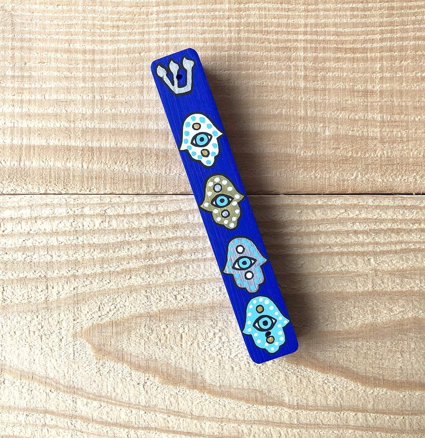 Hamsa Mezuzah Scroll Case, Evil Eye, Hand Painted Wood Cover (No Scroll)