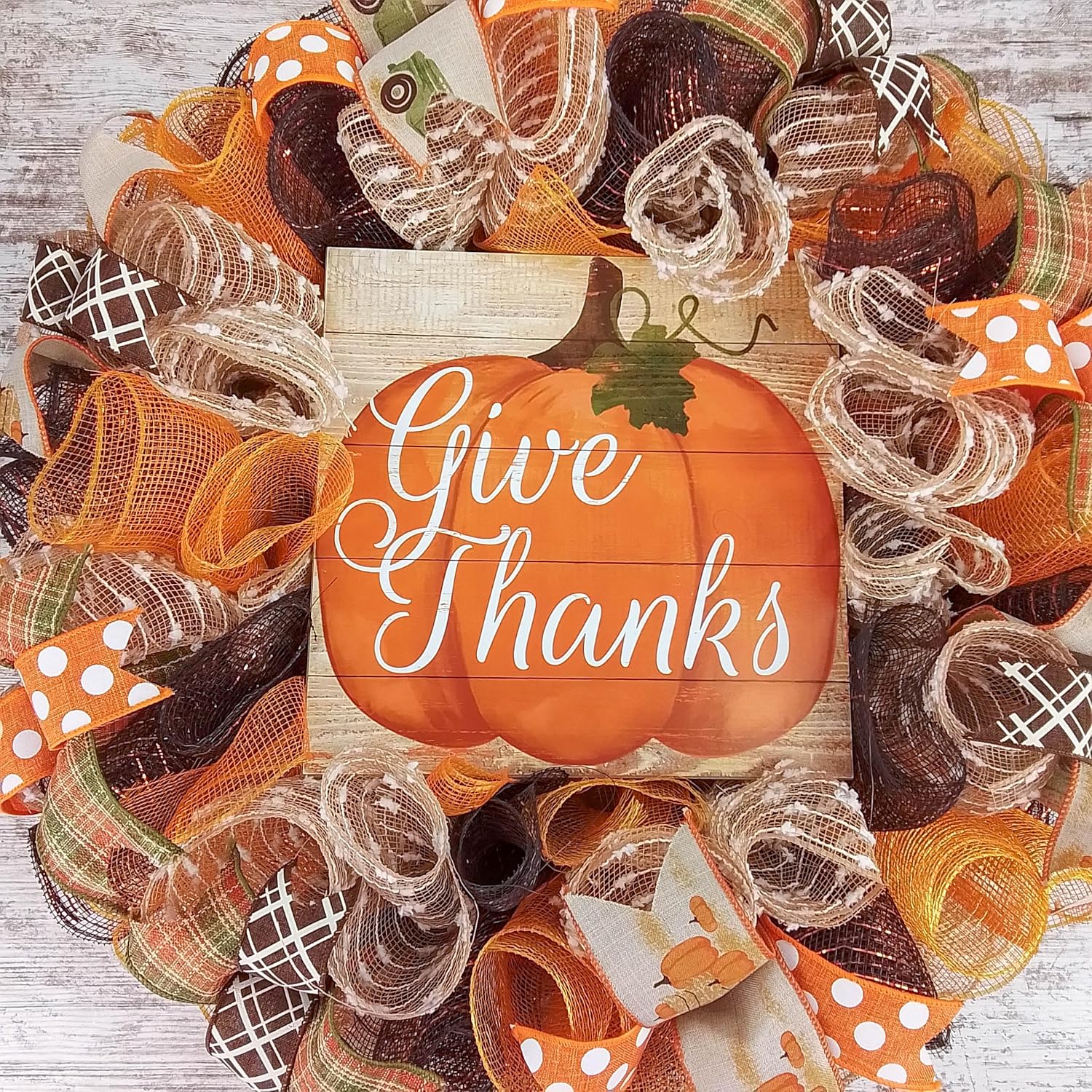 Give Thanks Wreath | Pumpkin Thanksgiving Deco Mesh Front Door Wreath; Brown Orange Burlap