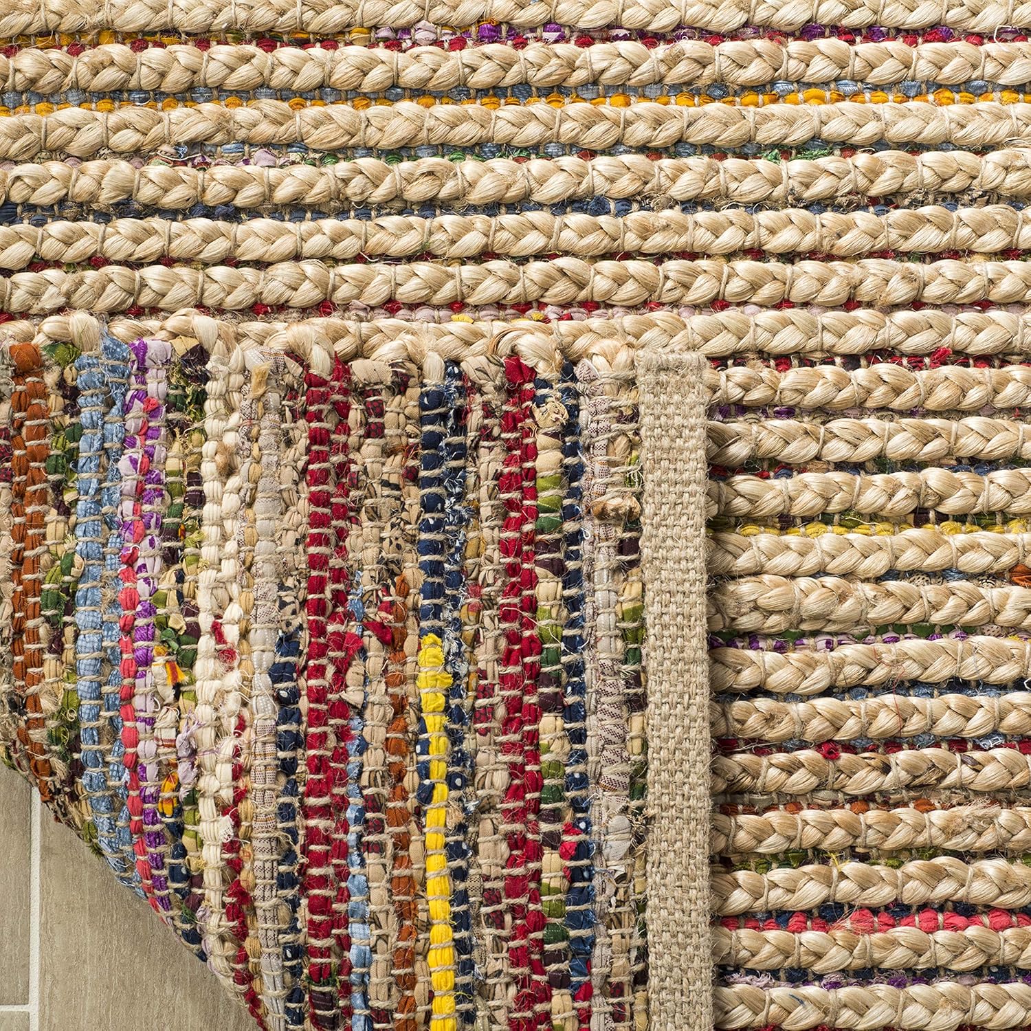 SAFAVIEH Cape Cod Collection Area Rug - 6' Square, Natural & Multi, Handmade Boho Braided Stripe Jute, Ideal for High Traffic Areas in Living Room, Bedroom (CAP307B)