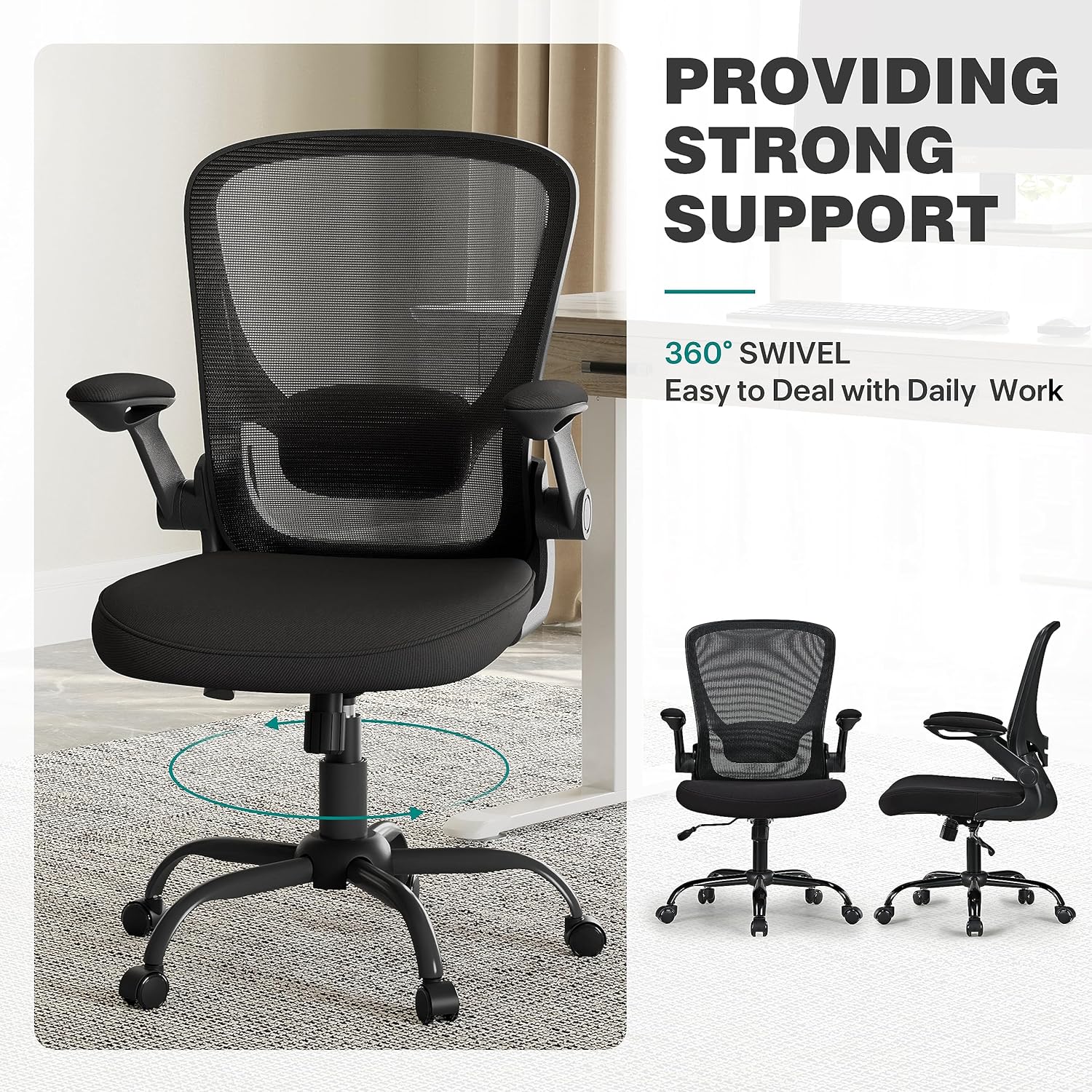 EUREKA ERGONOMIC Home Office Desk Chairs, Ergonomic Desk Chair with Wheels, Computer Chair with Breathable Mesh, Adjustable Height Back Lumbar Support Flip-up Armrests, Rolling Chair, Black