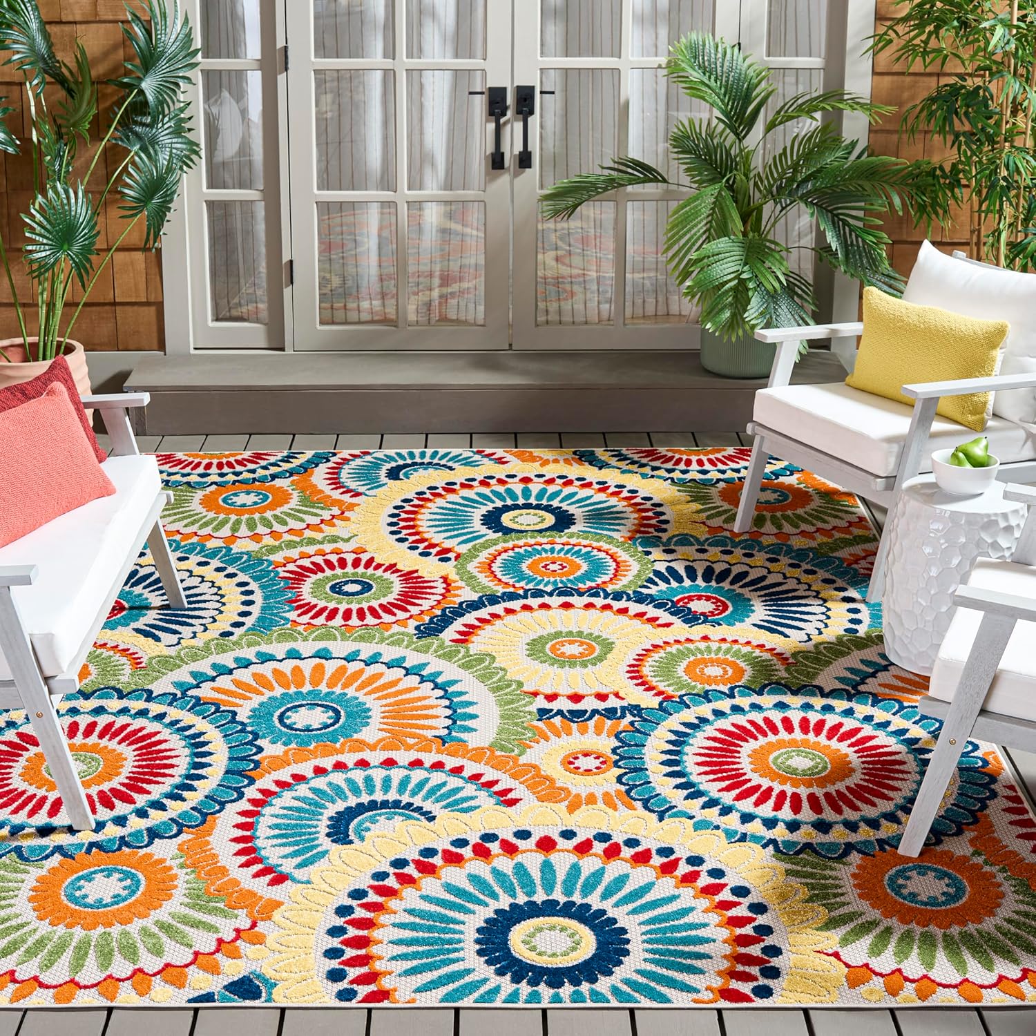 SAFAVIEH Washable Rug Outdoor Cabana Collection - 8' x 10', Blue & Ivory, Non-Shedding & Easy to Clean, Ideal for Patio, Backyard, Mudroom (CBN382M)