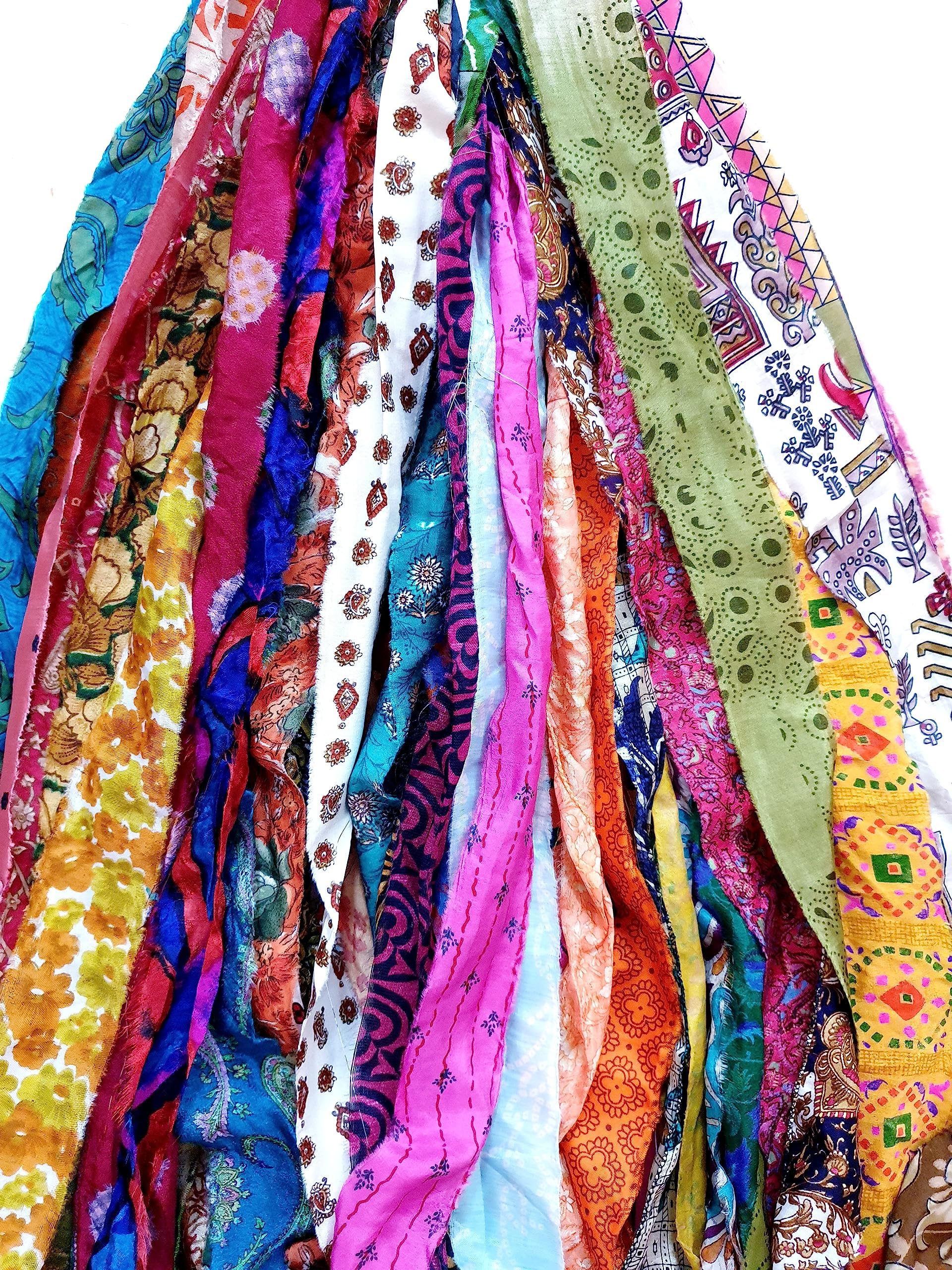 Vintage Fabrics Crafts 21 Yards Unstitched Recycled Sari Silk Yarn Ribbon Tassels 21 Strips SKEINS Shades Recycled Journal Scrapbook Craft Project