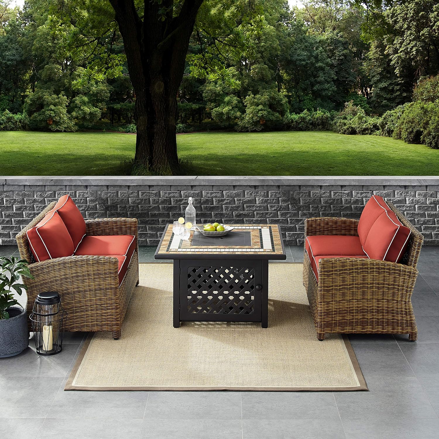 Crosley Furniture Bradenton 3-Piece Wicker Outdoor Loveseat Patio Furniture Set with Gas Fire Pit Table, Brown with Sangria Cushions