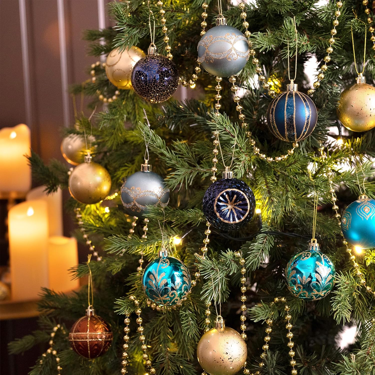 Valery Madelyn Christmas Tree Ornaments, 16ct Blue and Gold Shatterproof Christmas Tree Decorations, 2.36 Inches Peacock Hanging Ball Ornaments Bulk for Xmas Holiday Party Decor
