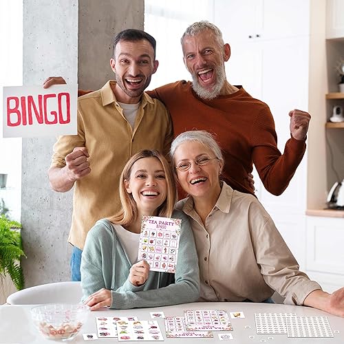 Miniatura 4 de cyazila Tarjetas de bingo de fiesta de té, juegos de novia de té, juegos de fiesta de té rosa, juegos de bingo para 24 jugadores para adultos,