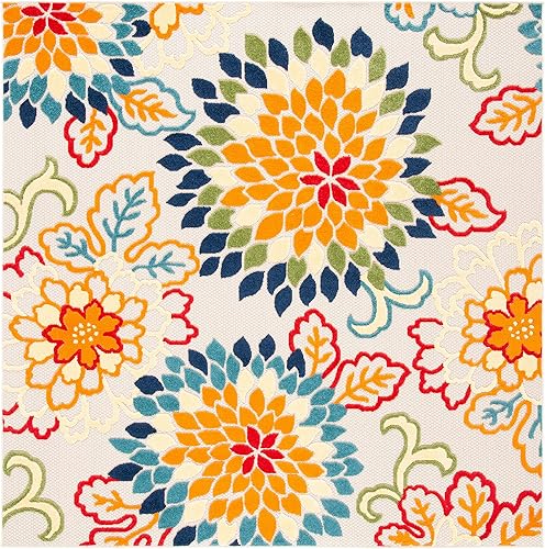 SAFAVIEH Cabana Collection CBN391A - Alfombra decorativa cuadrada de 6 pies 7 pulgadas, color marfil y naranja, diseño floral para interiores y
