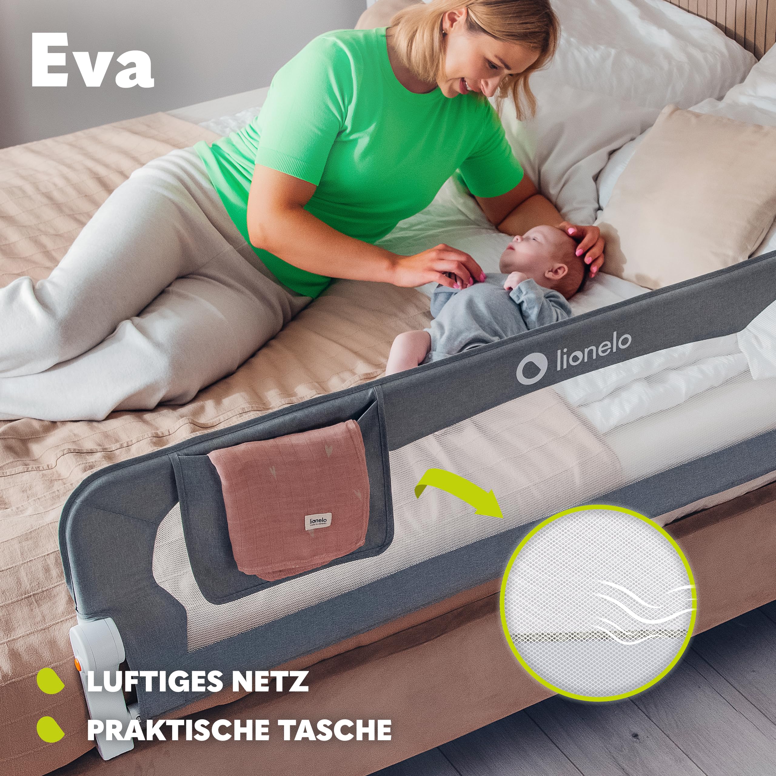Lionelo Eva Rausfallschutz Bett Rausfallschutz Kinderbett, Bettgitter, Bettschutzgitter, luftiges Netz, zusammenklappbar um 180 Grad, einfache Montage, 150 cm lang