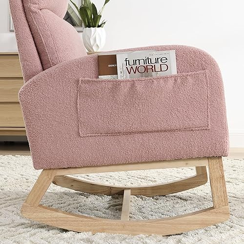 Miniatura 10 de Silla mecedora moderna con respaldo alto para sala de estar, dos bolsillos laterales (peluche, gris) Gris,Rosado,Gris