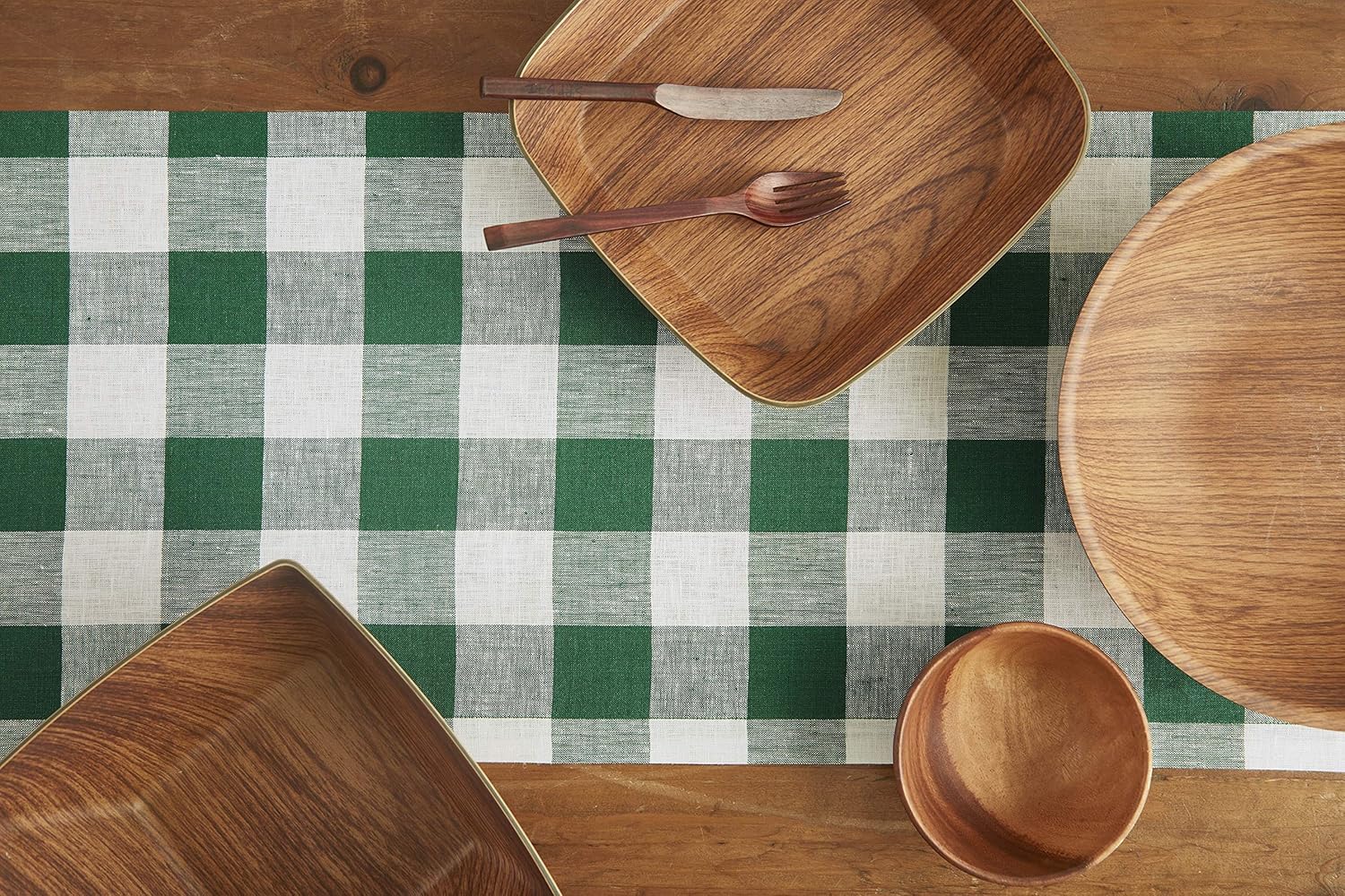 Solino Home 100% Pure Linen Buffalo Check Table Runner – 14 x 108 Inch Green & White Checks Table Runner Natural Fabric Handcrafted from European Flax : Home & Kitchen