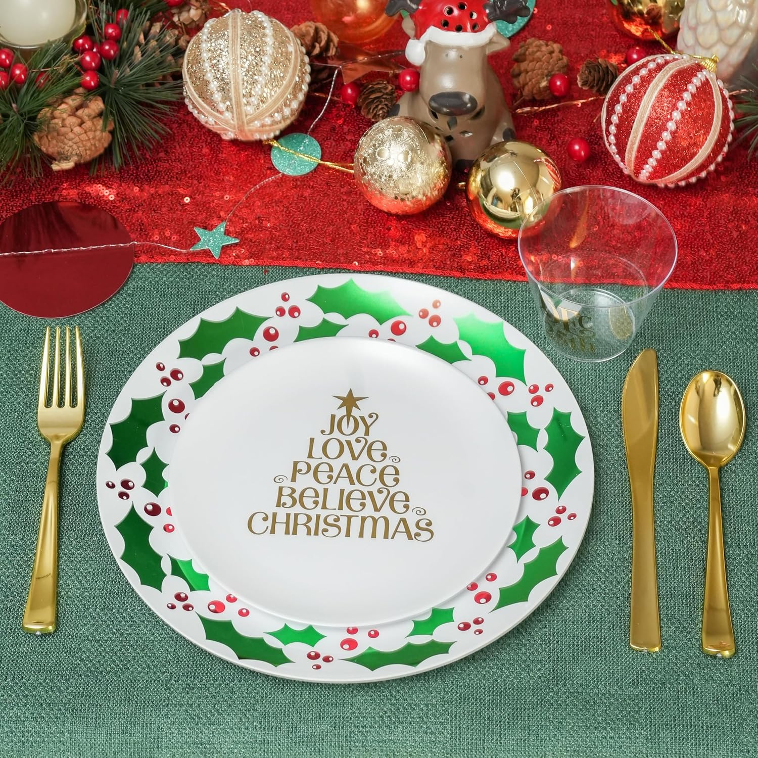 175pcs Christmas Dinnerware Set for 25 Guests, 25 10.25" Green Plastic Dinner Plates with Holly, 25 7.5" Dessert Plate Christmas Tree, 75 Silverware Set, 25 Cups and Place Cards