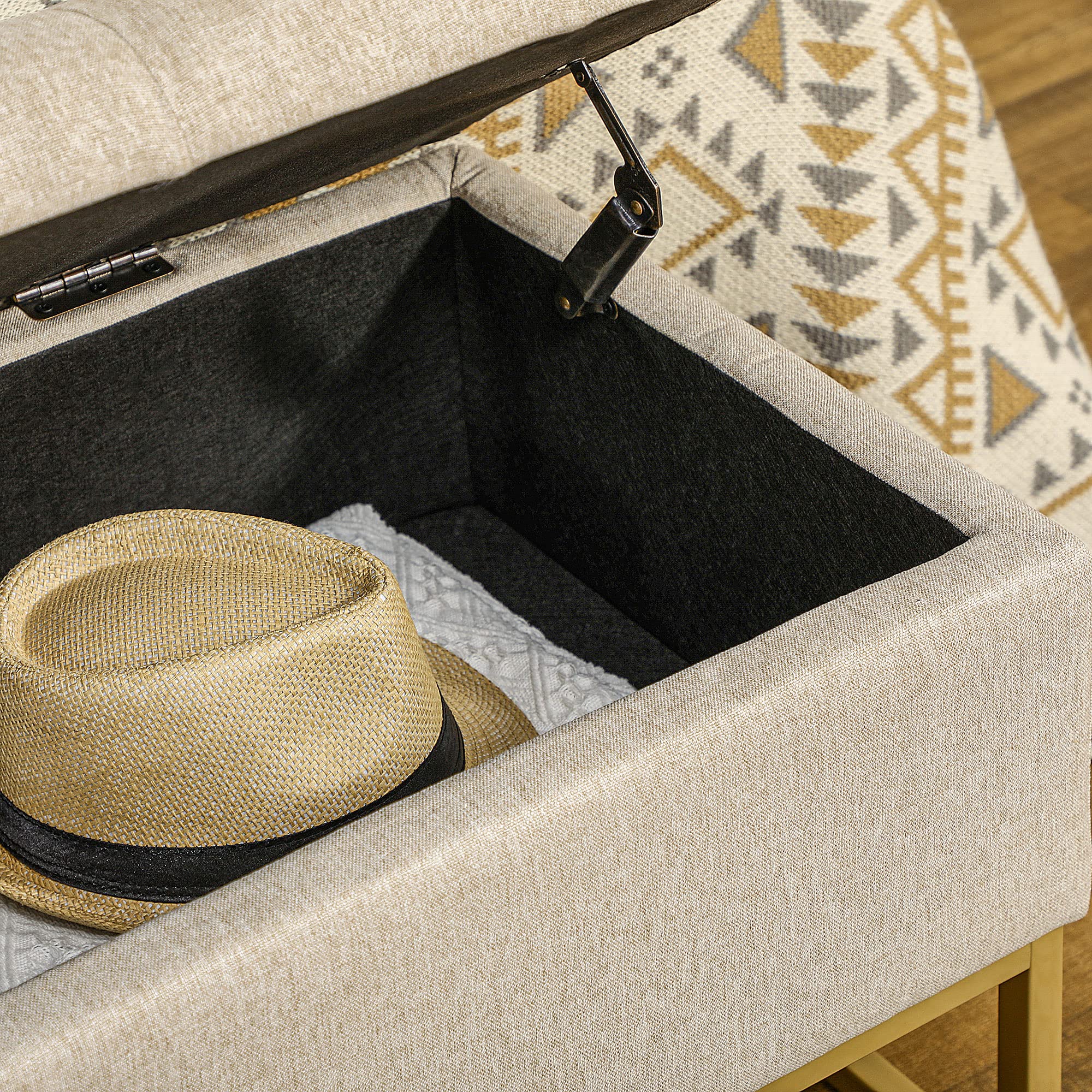 HOMCOM Panca Contenitore Rettangolare con Seduta Imbottita e Gambe in Acciaio, Pouf Poggiapiedi in Tessuto Effetto Lino per Camera da Letto e Soggiorno, 110x44x49 cm, Beige