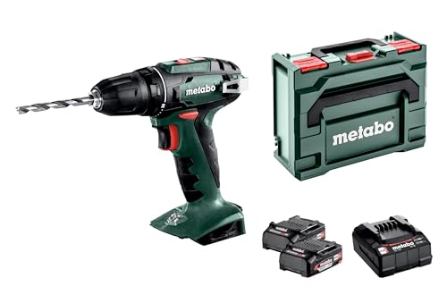 Metabo 602207560-Taladro Atornillador a Batería 18V/ 2 x 2.0 Ah Li-Ion BS 18-Portabrocas 10 mm con Maletín, 18 V, Negro, Verde
