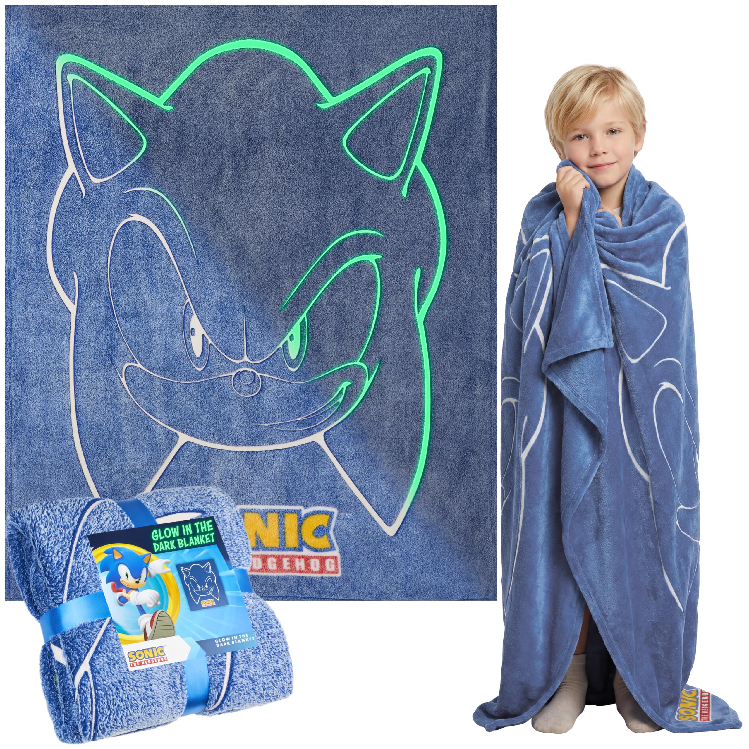 Sonic the Hedgehog Glow in the Dark Throw Blanket 51x59” for Kids, Soft Fleece Throw Blanket for Sofa Bed, Gamer Gifts for Kids (Blue Sonic)