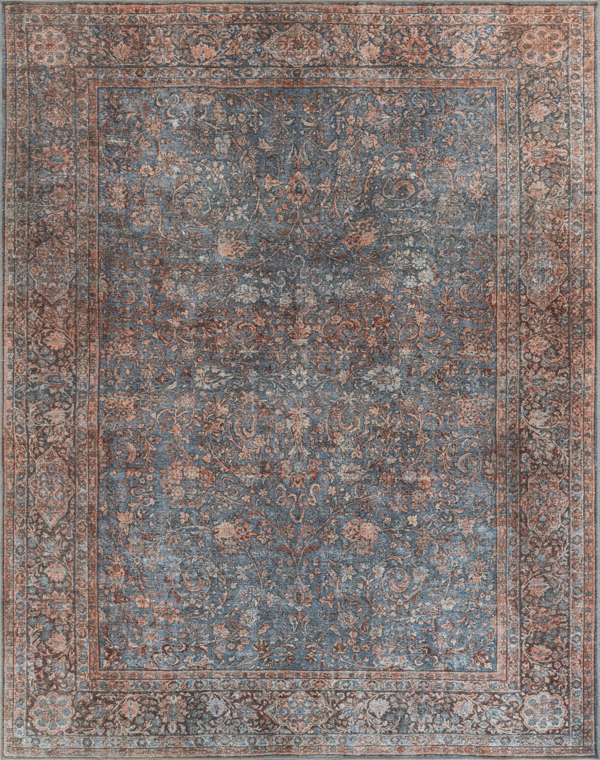 Easy Care 7'6" x 9'6" Non-Slip Large Area Rug for Living Room, Bedroom, Dining Room Vintage Oriental - Stain Resistant & Durable, Moreno Collection - Blue/Peach