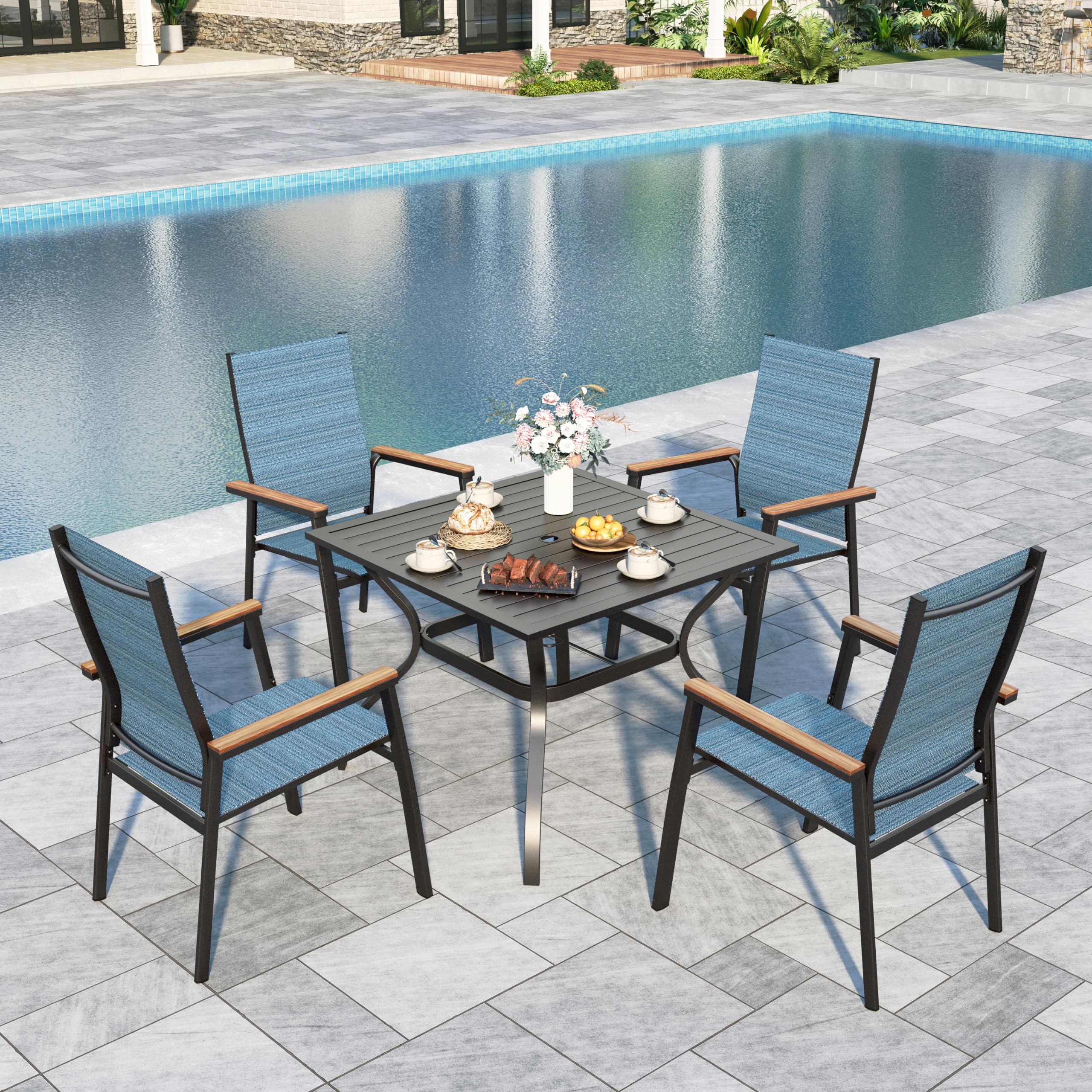 Sophia &amp; William Patio Dining Set for 4, Metal Table &amp; Blue Aluminum Chairs