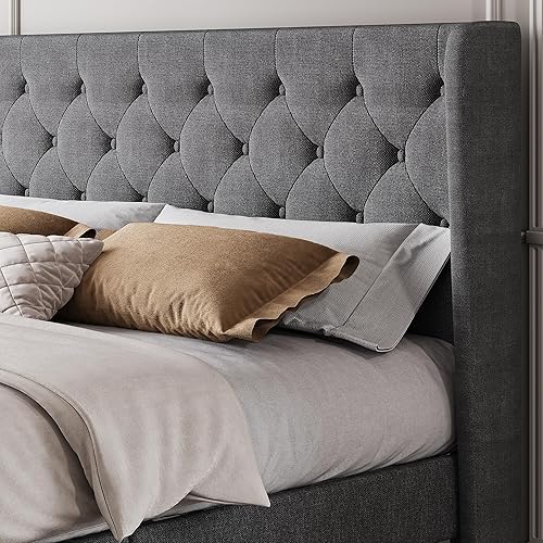 Miniatura 4 de SHA CERLIN Base de cama tapizada de tamaño matrimonial con cabecera con respaldo de ala, tela de terciopelo copetudo, soporte de listones de madera,