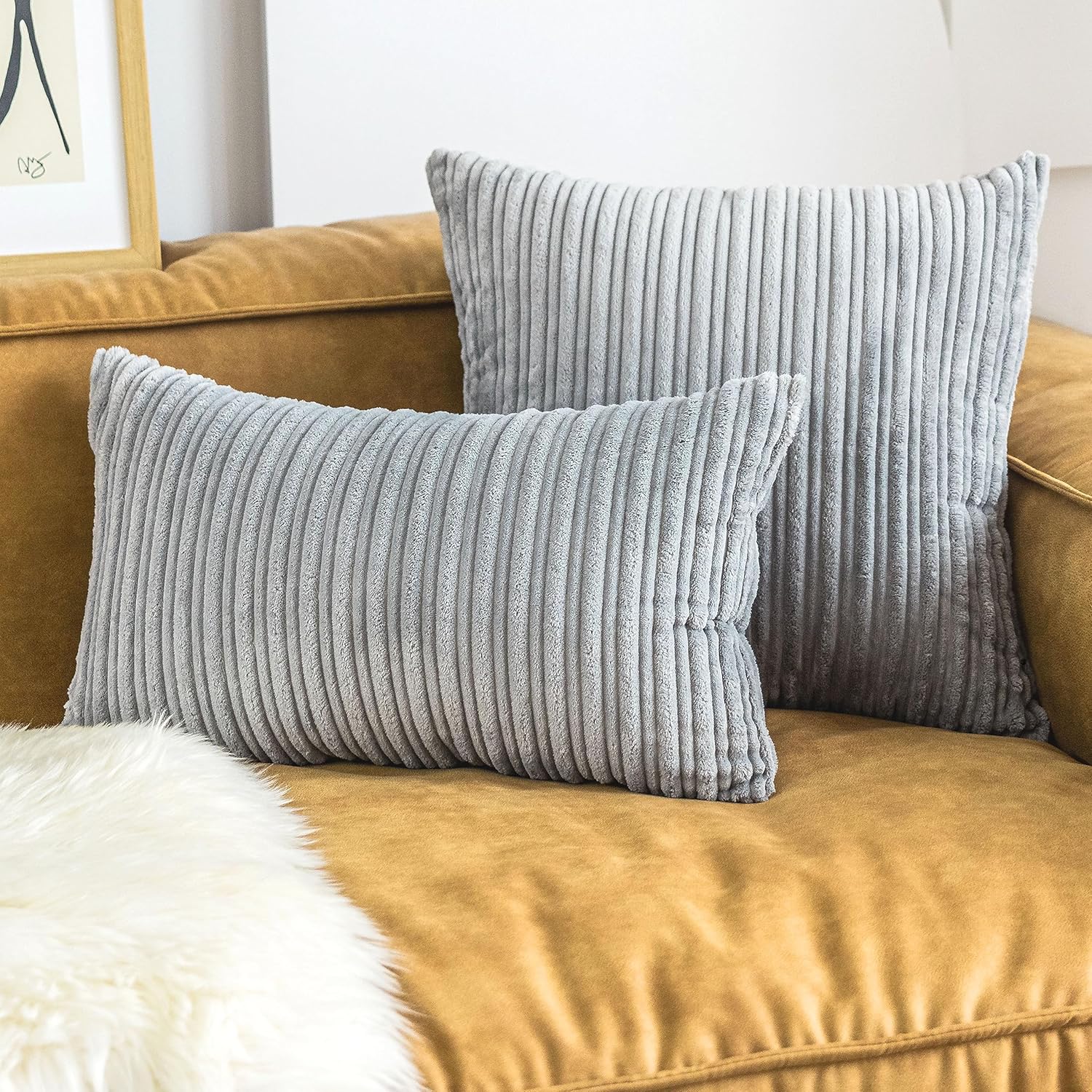 UGASA Velvet Pillow Covers Striped, Decorative Throw Cushion Case with Hidden Zipper for Home Couch/Bedroom, Soft Cozy Solid Oblong, 1 Piece (12"x20", Light Grey) - Image 2