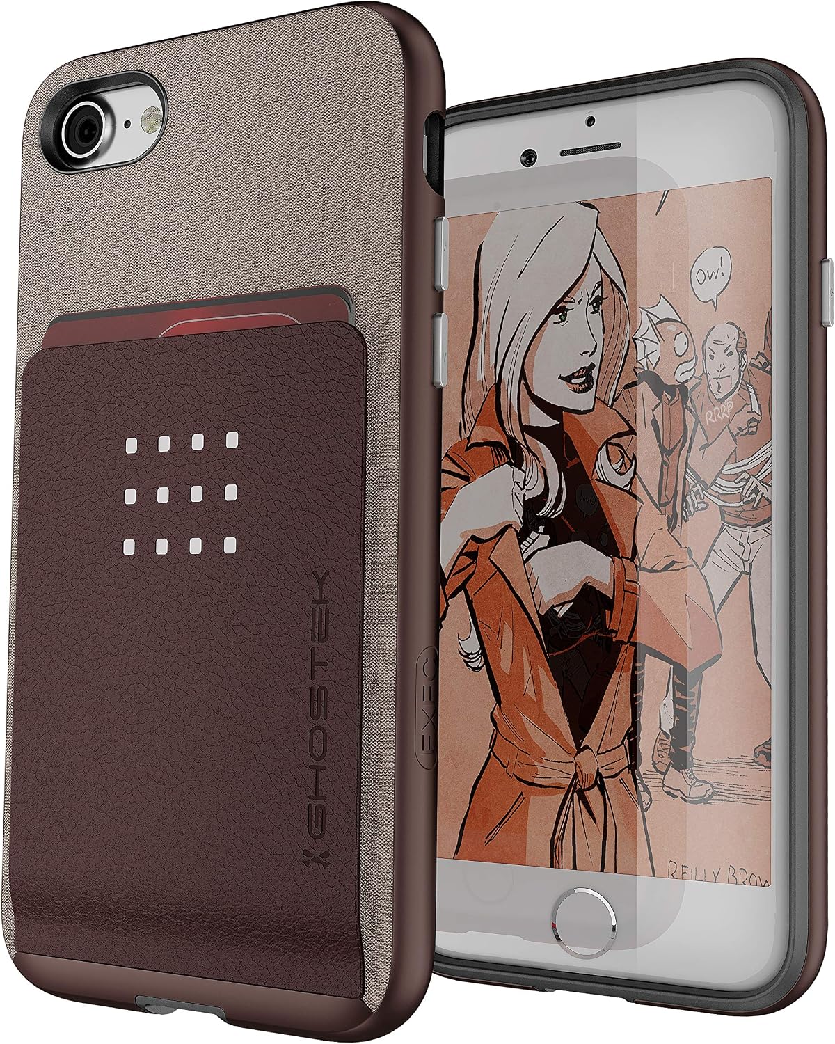 Ghostek Exec2 Military Drop Tested Pocket Wallet Slim Shockproof Hard Back Case for (iPhone 8 & iPhone 7, Brown)
