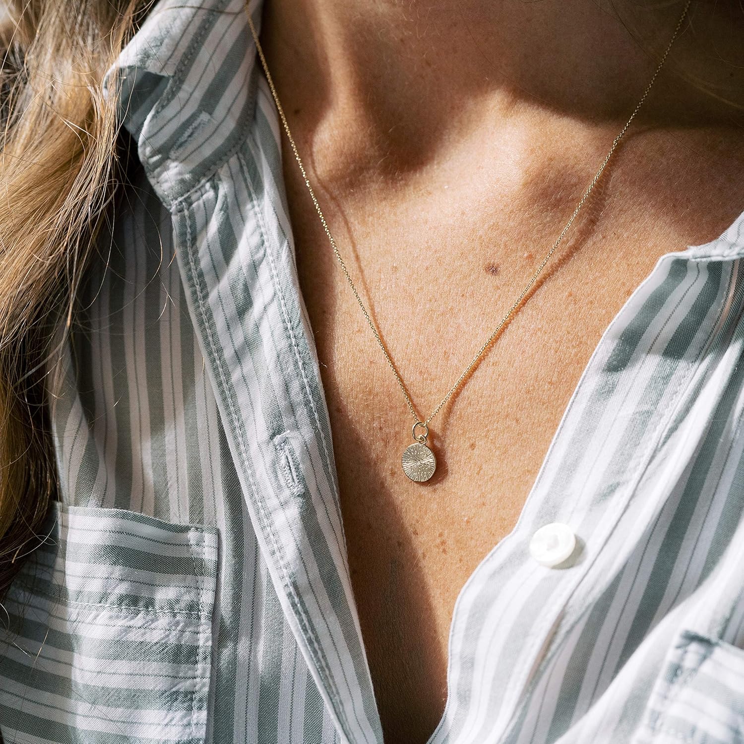 Honeycat Little Boom Starburst Tiny Disc Pendant Necklace in Gold, Rose Gold, or Silver | Minimalist, Delicate Jewelry